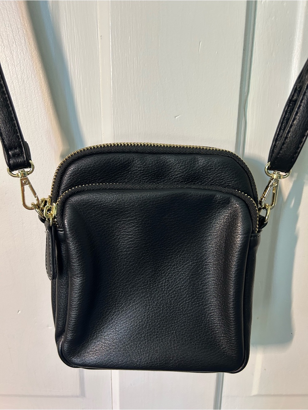 Black Pebbled Crossbody Bag with Gold Hardware
